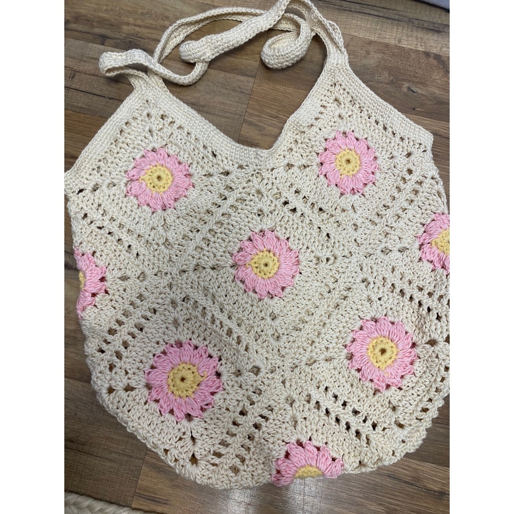 Handmade Crochet Daisy Flower Tote Bag Cream Pink Boho Summer Beach‎ Travel